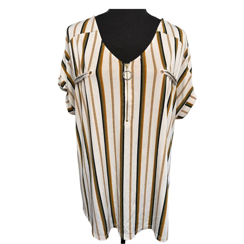 Flower & Feather Lightweight Striped Zip Front Shirt, Size 2XL